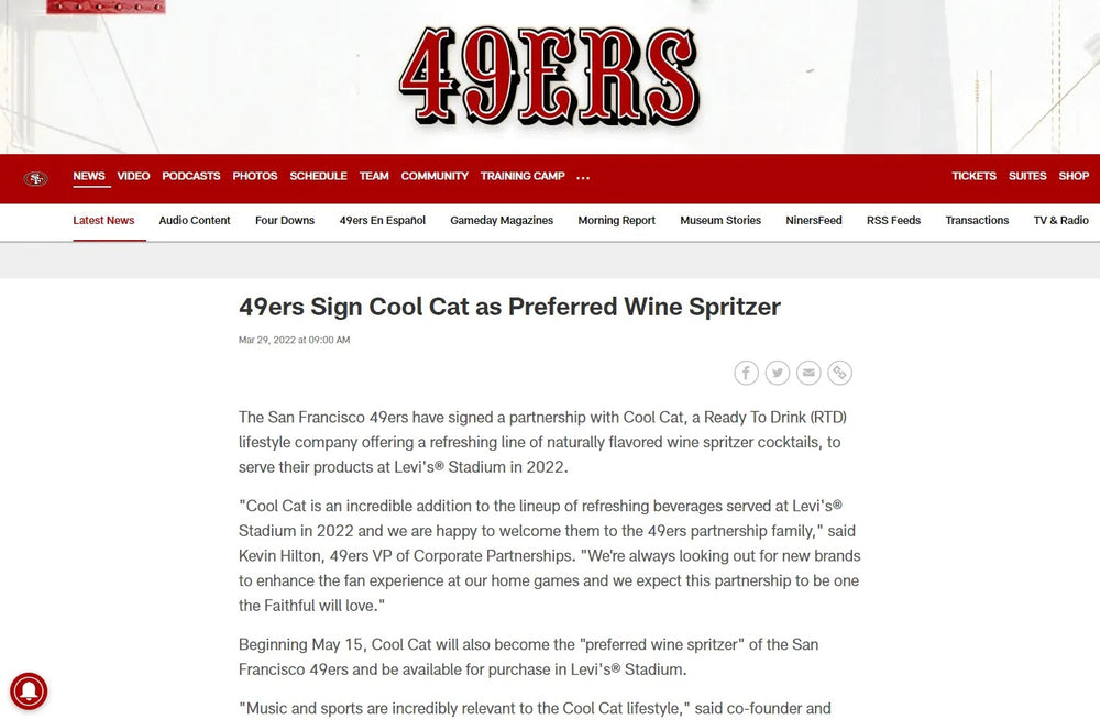 Screenshot of the 49ers Website announcing Cool Cat as the Preferred Wine Spritzer.