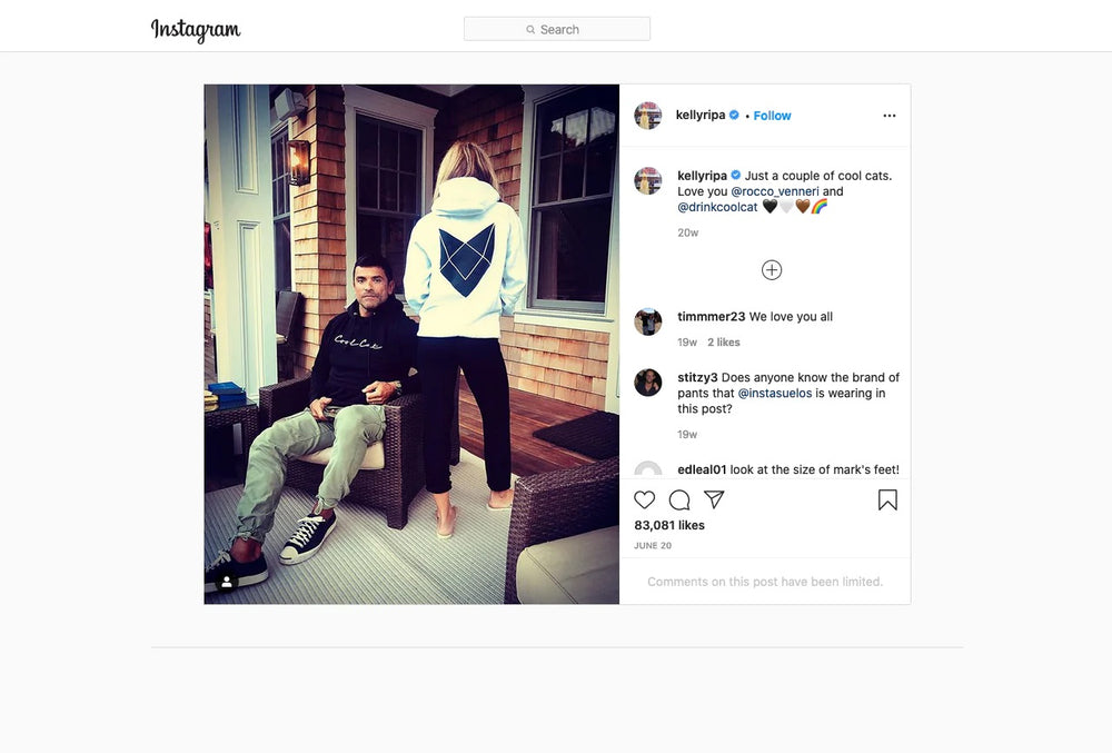 Screenshot of Kelly Ripa on Instagram wearing Cool Cat gear.