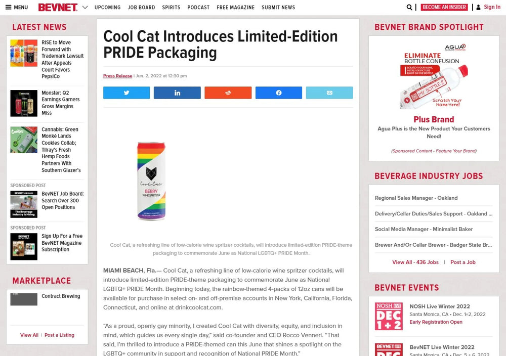 Screenshot of article about Cool Cat pride cans in Bevnet.