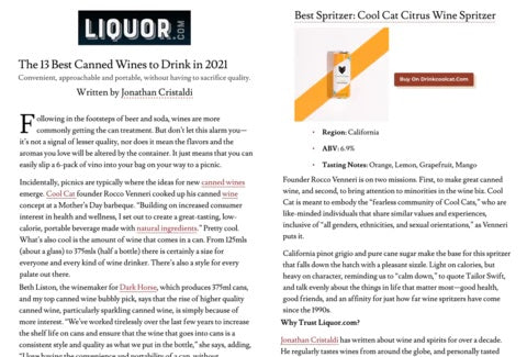Screenshot of Cool Cat Citrus Wine Spritzer featured on Liquorcom's '13 Best Canned Wines to Drink in 2021.' 