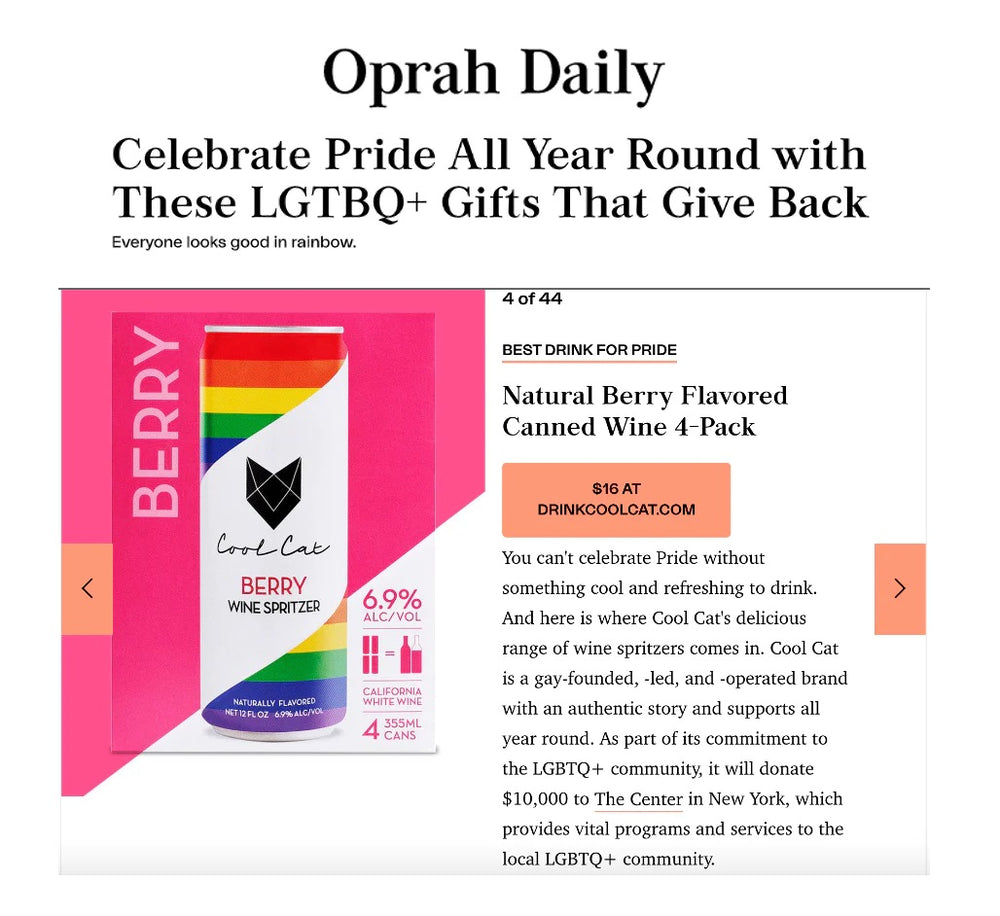 Screenshot of Cool Cat's placement in Oprah Daily's list of 'LGBTQ+ Gifts that Give Back.'