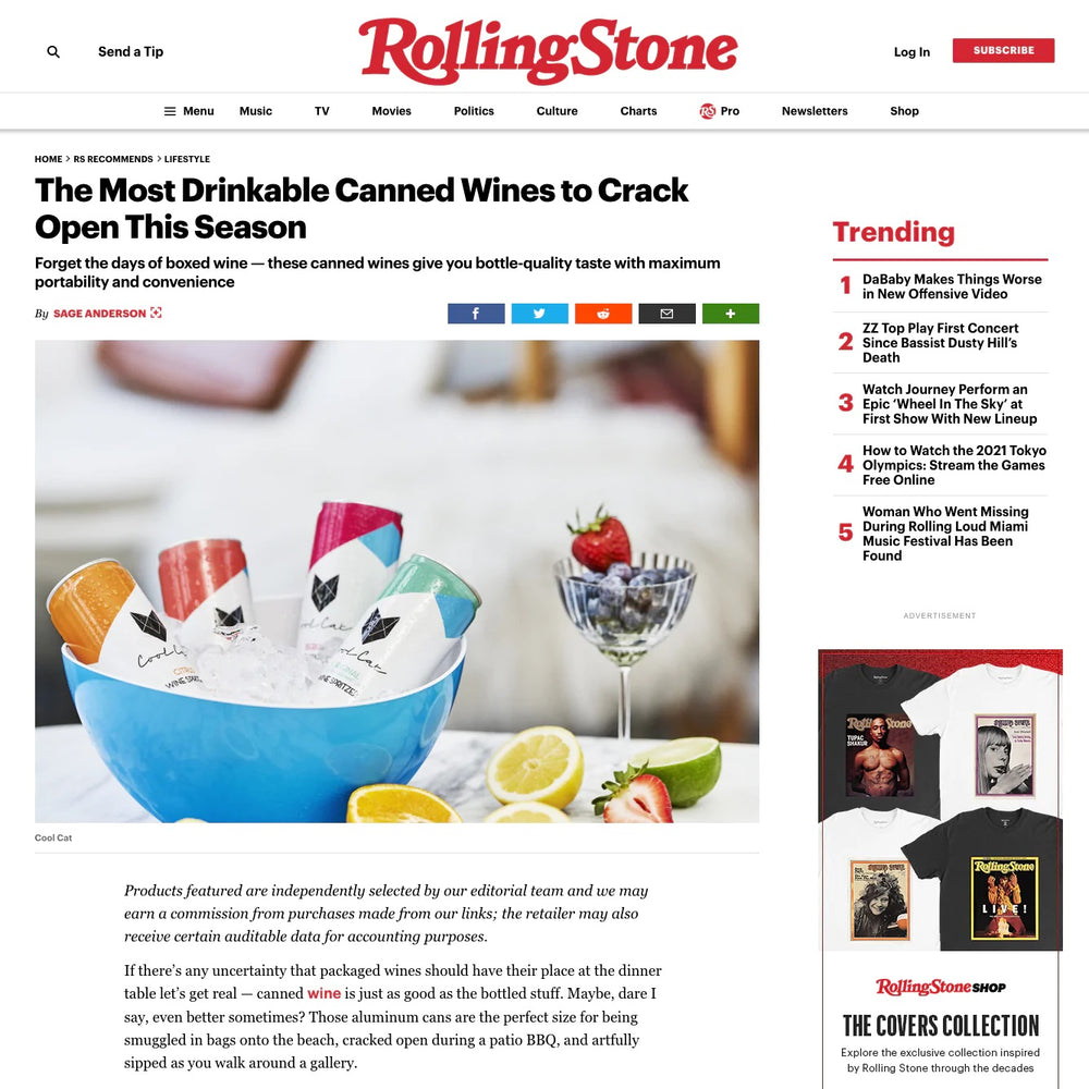 Screenshot of article about Cool Cat canned wine in RollingStone.