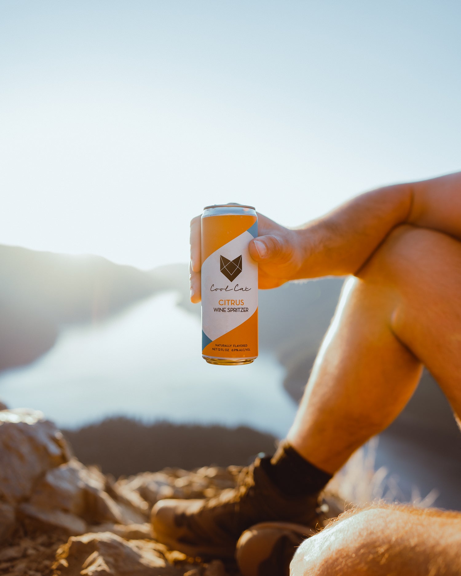 A hiker holds a can of Cool Cat Citrus Sparkling Cocktail on a mountain.