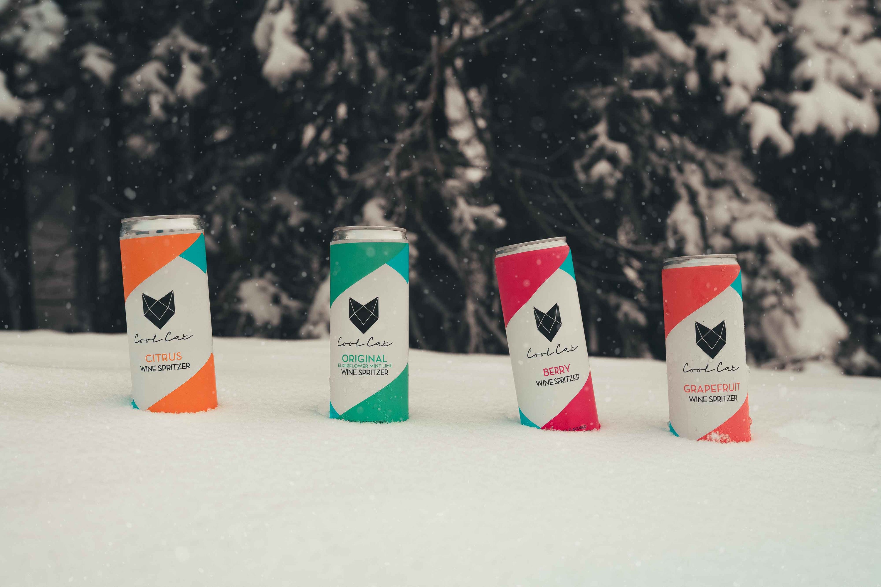All 4 flavors of Cool Cat Sparkling Cocktail in the snow.
